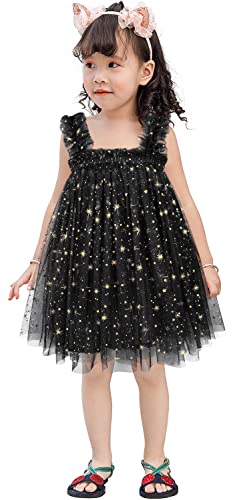 AGQT Baby Mädchen Tüll Kleid,Kinder Partykleid Ärmelloses Tutu Geburtstag Kleid Gänseblümchen-Spitze Blumenmädchen Kleid Funke Stern Schwarz Große 3-4 Jahr von AGQT