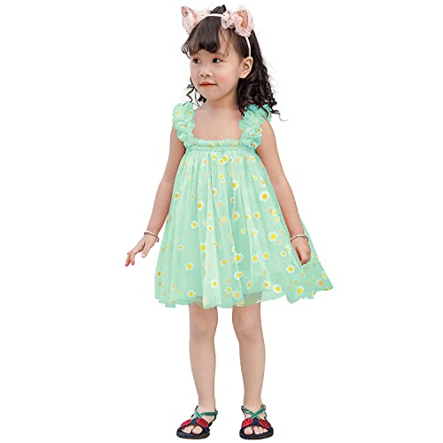 AGQT Baby Mädchen Tüll Kleid,Kinder Partykleid Ärmelloses Tutu Geburtstag Kleid Hellgrün Gänseblümchen-Spitze Blumenmädchen Kleid,Größe 3-4 Jahr von AGQT