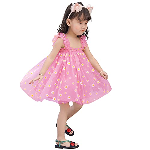 AGQT Baby Mädchen Tüll Kleid,Kleinkind Partykleid Ärmelloses Tutu Geburtstag Kleid Gänseblümchen-Spitze Blumenmädchen Kleid Gänseblümchen Pfirsich Rot Große 2-3 Jahr von AGQT