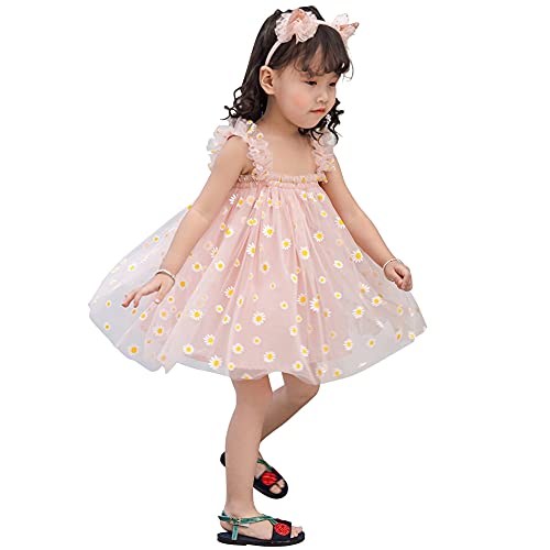 AGQT Baby Mädchen Tüll Kleid,Kleinkind Partykleid Ärmelloses Tutu Geburtstag Kleid Rosa Gänseblümchen-Spitze Blumenmädchen Kleid,Größe 12-18 Monate von AGQT