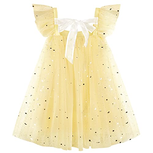 AGQT Baby Mädchen Tüll Kleid Pailletten Tutu Kleid Gelb Stern Mond Wellenpunkt 6-12 Monate von AGQT