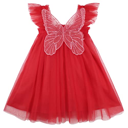 AGQT Baby Mädchen Tüll Tutu Kleid Ärmellos Schmetterling Rücken Prinzessin Kleid Blume Mädchen Kleider Hochzeit Geburtstag Partykleid Taufkleid Rot Größe 12-18 Monate von AGQT