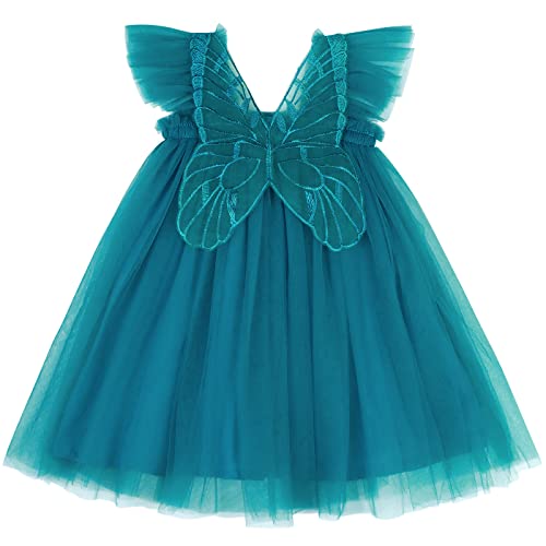 AGQT Baby Mädchen Tüll Tutu Kleid Flügel Ärmellos Schmetterling Rücken Prinzessin Kleid Blume Mädchen Kleider Hochzeit Geburtstag Partykleid Taufkleid Pfauenblau Größe 6-12 Monate von AGQT