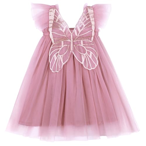 AGQT Baby Mädchen Tüll Tutu Kleid Flügel Ärmellos Schmetterling Rücken Prinzessin Kleid Blume Mädchen Kleider Hochzeit Geburtstag Partykleid Taufkleid Rosa Größe 6-12 Monate von AGQT