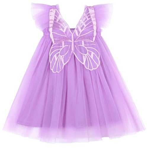 AGQT Baby Mädchen Tüll Tutu Kleid Flügel Ärmellos Schmetterling Rücken Prinzessin Kleid Blume Mädchen Kleider Hochzeit Geburtstag Partykleid Taufkleid Violett Größe 12-18 Monate von AGQT