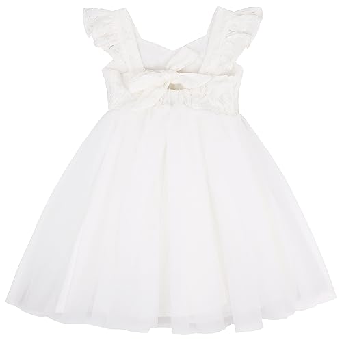 AGQT Baby Mädchen Tüllkleid Rüschen Ärmel Sommer Blumenmädchenkleid Prinzessin Kleid Festlich Hochzeit Geburtstagfeier Taufkleid Creme Weiß Größe 1-2 Jahre von AGQT