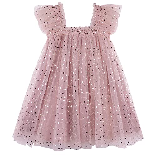 AGQT Baby Mädchen Tutu Kleid Rüschenhülse Ärmelloses Prinzessin Tüll Tutu Kleid Geburtstagsfeier Hochzeit Spitze Mini Schichten Kleid Goldene Perlen Bohnenpaste Rosa Größe 18-24 Monate von AGQT