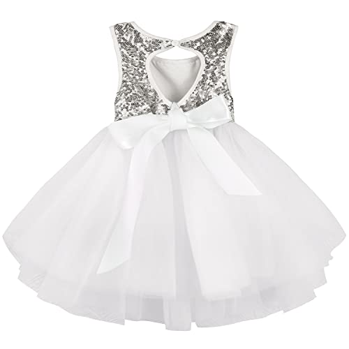 AGQT Baby Mädchen Tutu Tüll Kleid Ärmelloses Partykleid Kleid Prinzessin Pailletten Blumenmädchen Kleid Silber 6-12 Monate von AGQT