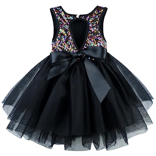 AGQT Baby Mädchen Tutu Tüll Kleid Ärmelloses Taufkleid Partykleid Kleid Prinzessin Pailletten Blumenmädchen Kleid Bunte Schwarze Pailletten + Schwarze Gaze 3-6 Monate von AGQT