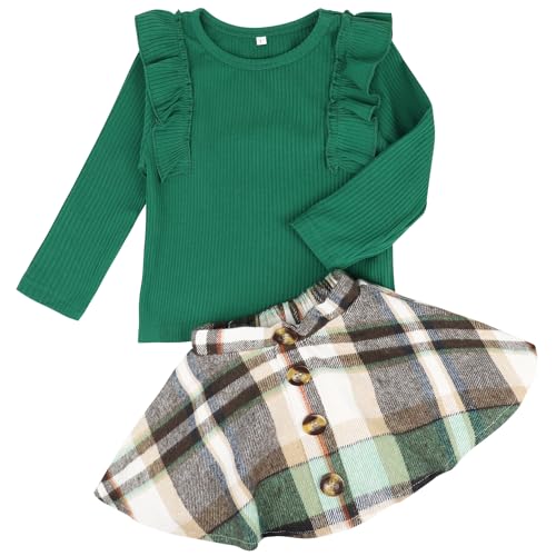 AGQT Baby Mädchen Weihnachten Outfit Bekleidungssets Weihnachtskostüm Langarm Rüschen Oberteil + A-Linie Kariertes Rock Set Kleinkind Mädchen Mode Herbst Winter Kleidung 2Pcs Set Grün 4-5 Jahre von AGQT