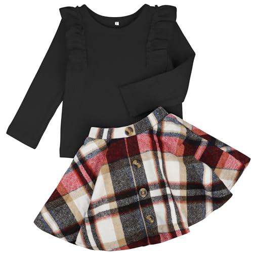 AGQT Baby Mädchen Weihnachten Outfit Bekleidungssets Weihnachtskostüm Langarm Rüschen Oberteil + A-Linie Kariertes Rock Set Kleinkind Mädchen Mode Herbst Winter Kleidung 2Pcs Set Schwarz 4-5 Jahre von AGQT