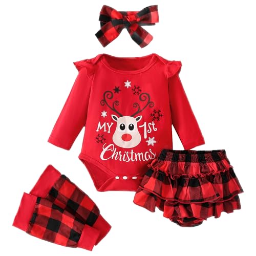 AGQT Baby Mädchen Weihnachts Outfits Mein erstes Weihnachten Strampler und Karierte Kleid mit Stirnbändern Socke 4pcs Weihnachtskleidung Herbst Winter Bekleidungssets Rot 6-9 Monate von AGQT