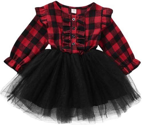 AGQT Baby Mädchen Weihnachtskleid Kinder Kleid Weihnachten Outfits Langarm Tüll Tutu Prinzessin Party Festliches Kleid Herbst Winter Kleidung Rot Kariert Größe 1-2 Jahre von AGQT