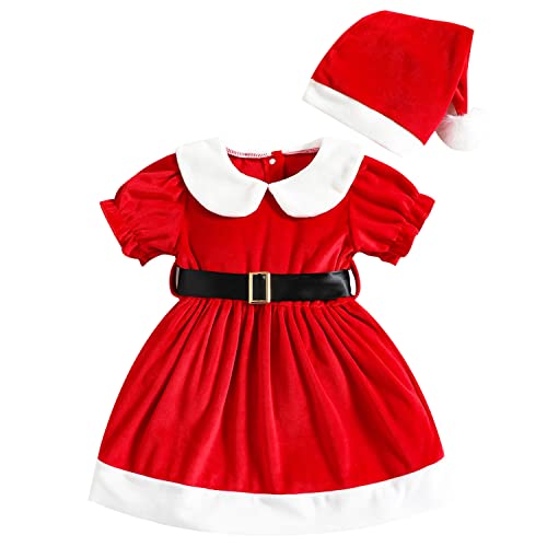 AGQT Baby Mädchen Weihnachtskleid Kurzarm Prinzessin Weihnachtsmann Kleid Flanell Winter Weihnachtsoutfit 2-teiliges Puppenkragen Samtkleid mit Hut Größe 18-24 Monate von AGQT