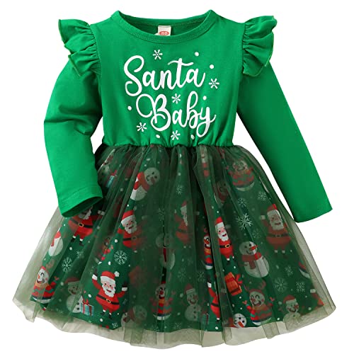 AGQT Baby Mädchen Weihnachtskleider Baumwolle Langarm Santa Print Weihnachtsoutfit Prinzessin Tüll Tutu Kleid Grün Größe 18-24 Monate von AGQT