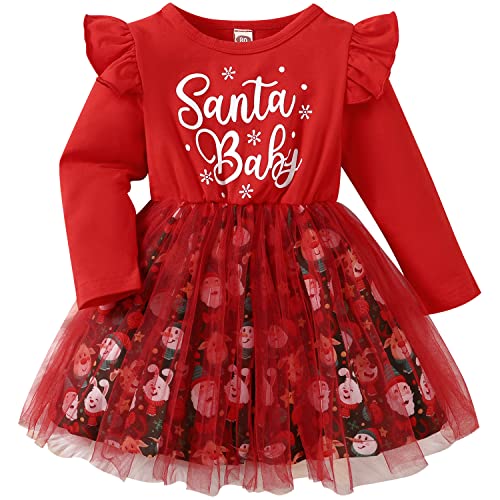 AGQT Baby Mädchen Weihnachtskleider Baumwolle Langarm Santa Print Weihnachtsoutfit Prinzessin Tüll Tutu Kleid Rot Größe 18-24 Monate von AGQT