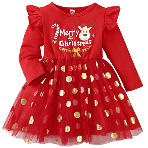 AGQT Baby Mädchen Weihnachtskleider Langarm Tüll Tutu Kleid Weihnachtsoutfit Weihnachten A-Linie Prinzessin Kleid Rot Gepunktet Größe 18-24 Monate von AGQT