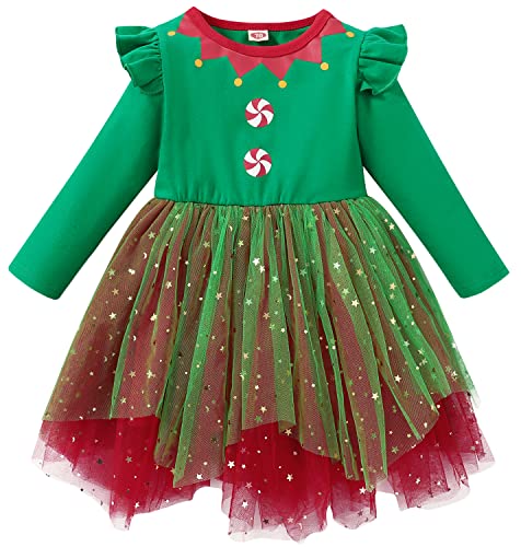 AGQT Baby Mädchen Weihnachtskleider Langarm Weihnachtsoutfit Weihnachtsmann Elfenkostüm Prinzessin Tüll Tutu Kleider Grüner Weihnachtsmann, Größe 18–24 Monate von AGQT