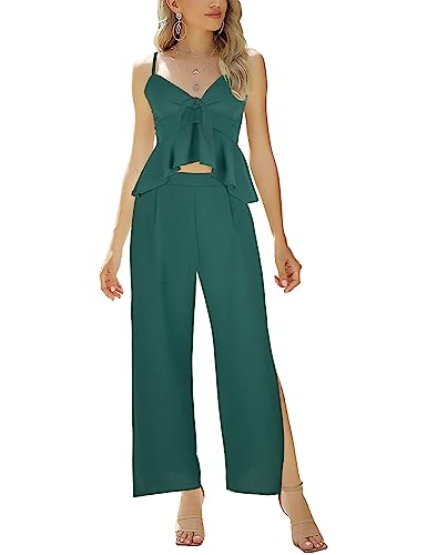 AGQT Damen 2 Stück Sommer Boho Outfits Cami Top ärmellos Verstellbare Spaghettiträger Casual Slit Lange Hosen Sets Elegant Jumpsuit Dunkelgrün S von AGQT