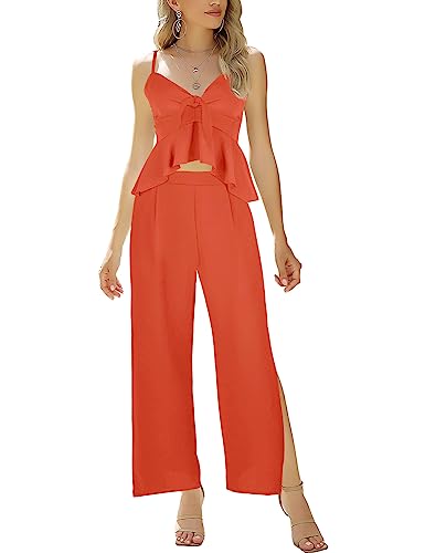 AGQT Damen 2 Stück Sommer Boho Outfits Cami Top ärmellos Verstellbare Spaghettiträger Casual Slit Lange Hosen Sets Elegant Jumpsuit Orange L von AGQT