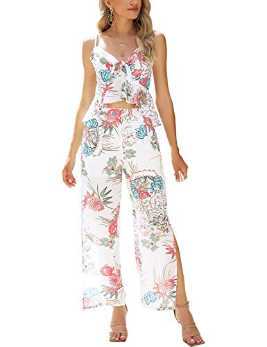 AGQT Damen 2 Stück Sommer Boho Outfits Cami Top ärmellos Verstellbare Spaghettiträger Casual Slit Lange Hosen Sets Elegant Jumpsuit Weiß L von AGQT