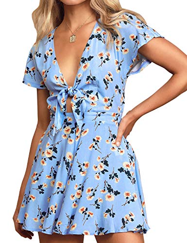 AGQT Damen Jumpsuit Sommer Blumen Sommerkleid Kurz Tunika Kleid V-Ausschnitt Strandkleid Boho Overall HellBlau L von AGQT