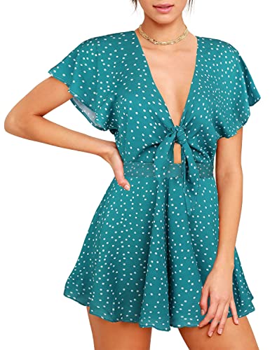 AGQT Jumpsuit Damen Sommer Blumen Sommerkleid Kurz Tunika Kleid V-Ausschnitt Polka Dots Strandkleid Boho Overall Grün M von AGQT