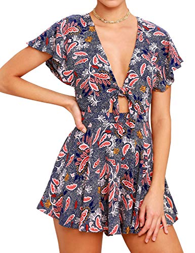 AGQT Damen Jumpsuit Sommer Blumen Sommerkleid Kurz Tunika Kleid V-Ausschnitt Strandkleid Boho Overall Marineblau L von AGQT