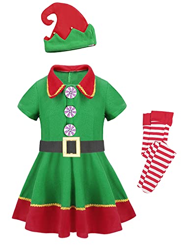 AGQT Elfenkostüm Kinder Mädchen Weihnachten Kostüm Weihnachtswichtel Outfit Weihnachtself Fancy Dress mit Hut Größe 6-7Jahre von AGQT