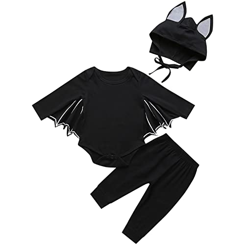 AGQT Halloween Baby Fledermaus Ärmel Strampler Outfits Set Halloween Kostüm Karneval Overalls Lang Hose mit Ear Hut 3 Stück Größe 0-6 Monate(70) von AGQT