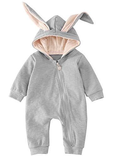 AGQT Ostern Hasen Kostüm Kleinkind Baby Strampler,Ostern Outfit Overall Baby Winter Kapuzenpullover Wärmer Schneeanzug 3D Niedlich Ostern Hasenohr Jumpsuit Für Jungen Mädchen Grau 12-18 Monate von AGQT