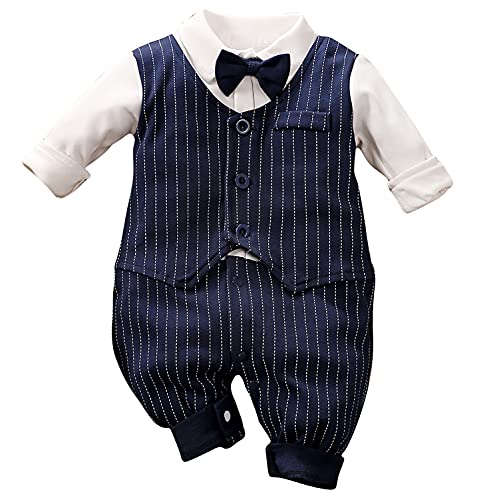 AGQT Infant Baby Jungen Jumpsuit,Gentleman Outfits Formell Bekleidungssets Taufe Langarm Strampler Smoking Anzug Schwarze Fliege Marineblaue Streifen 3-6 Monate von AGQT