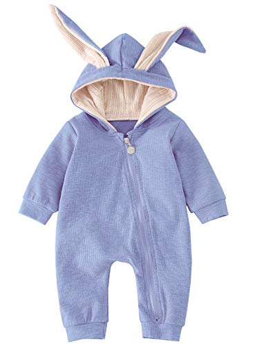 AGQT Infant Ostern Hasen Kostüm Baby Strampler,Ostern Outfit Overall Baby Winter Kapuzenpullover Wärmer Schneeanzug 3D Niedlich Ostern Hasenohr Jumpsuit Für Jungen Mädchen Blau 3-6 Monate von AGQT