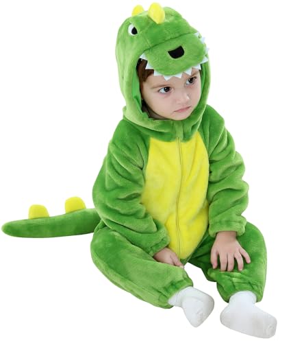 AGQT Karneval Dinosaurier Kostüm Kinder Herbst Winter Baby Strampler Halloween Overall Flanell Dinosaurier Kostüm Strampler Overall mit Tier Kapuzen Tuch Strampler Grün 0-6 Monate von AGQT