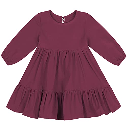 AGQT Kinder Baby Mädchen Kleid Laterne Langarm Rüschen Einfarbig A-Linie Freizeit Kleider Mädchen Herbst Winter Outfit Kleidung Festliches Kleid Rotwein 2-3 Jahre von AGQT