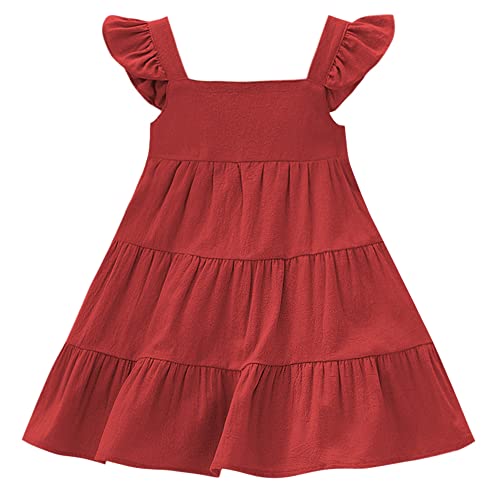 AGQT Kinder Kleinkind Baby Mädchen Sommerkleid Casual Rüschen Ärmel Freizeitkleid Prinzessin Strandparty Kleid Rot Größe 2-3 Jahre von AGQT