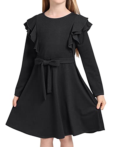 AGQT Kinder Mädchen Langarm A-Linie Elegant Kleid Herbst und Winter Freizeit Kleid Schwarz Größe 6-7Jahre von AGQT