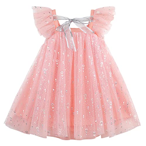 AGQT Kinder Tüll Kleid Mädchen Pailletten Tutu Kleid Lotuswurzel rosa-silberner mehrfarbiger Hohlkreis 8-9 Jahr von AGQT