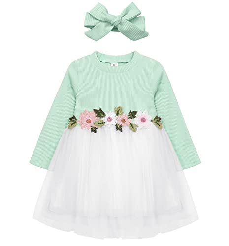 AGQT Kleider für Baby Mädchen Bestickt Tüll Tutu Blumenmädchen Lange Ärmel Kleid Blume Kleid für Hochzeit Geburtstag Party Hellgrün 18-24 Monate von AGQT