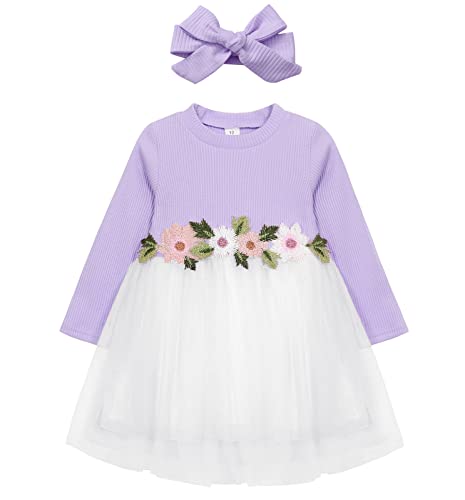 AGQT Kleider für Baby Mädchen Bestickt Tüll Tutu Blumenmädchen Langarm Kleid Blume Kleid für Hochzeit Geburtstag Party Hellviolett 0-6 Monate von AGQT