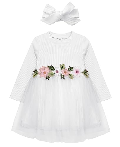 AGQT Kleider für Baby Mädchen Bestickt Tüll Tutu Blumenmädchen Langarm Kleid Blume Kleid für Hochzeit Geburtstag Party Weiß 6-12 Monate von AGQT