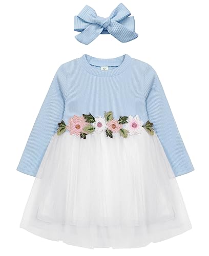 AGQT Kleider für Baby Mädchen Bestickt Tüll Tutu Blumenmädchen Lange Ärmel Kleid Blume Kleid für Hochzeit Geburtstag Party Blau 12-18 Monate von AGQT