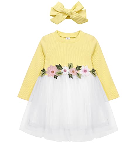 AGQT Kleider für Baby Mädchen Bestickt Tüll Tutu Blumenmädchen Lange Ärmel Kleid Blume Kleid für Hochzeit Geburtstag Party Hellgelb 18-24 Monate von AGQT