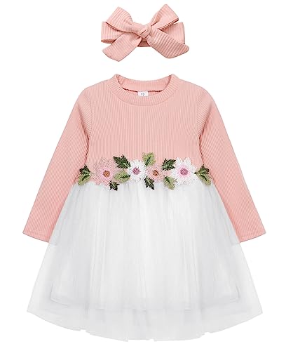 AGQT Kleider für Baby Mädchen Bestickt Tüll Tutu Blumenmädchen Lange Ärmel Kleid Blume Kleid für Hochzeit Geburtstag Party Rosa 12-18 Monate von AGQT