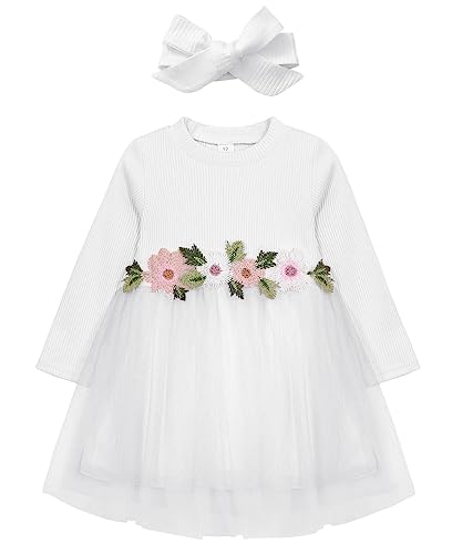 AGQT Kleider für Baby Mädchen Bestickt Tüll Tutu Blumenmädchen Lange Ärmel Kleid Blume Kleid für Hochzeit Geburtstag Party Weiß 12-18 Monate von AGQT