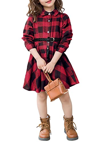 AGQT Kleinkind Baby Mädchen Blusenkleid,Lässige Gestreift Kleid Langarm Büffel Rot Gitter Kleidmit Gürtel Größe 5-6T(130) von AGQT