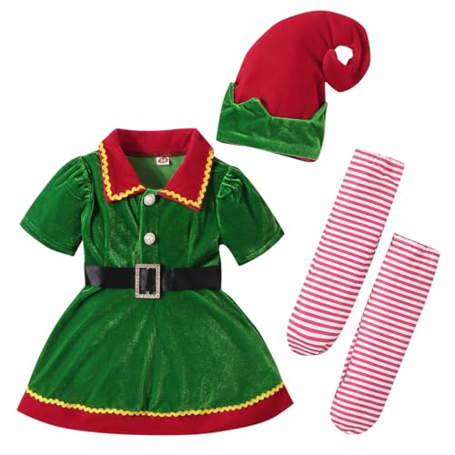 AGQT Kleinkind Baby Mädchen Weihnachten Elf Weihnachtskleid Kurzarm Puppe Kragen Weihnachten Kleid Weihnachtsoutfits Hut Gestreifte Socken Gürtel 6-12 Monate von AGQT