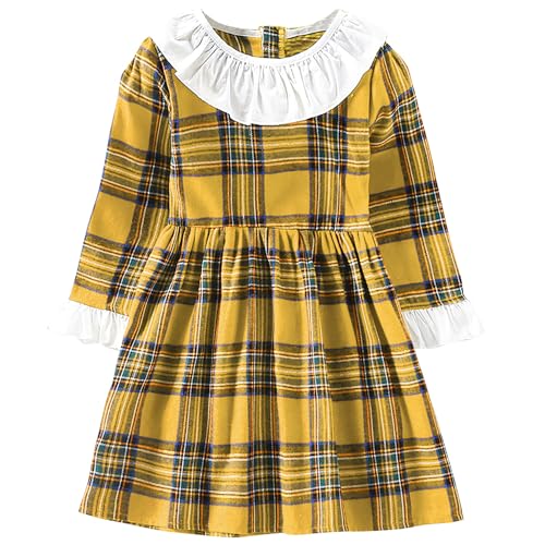 AGQT Kleinkind Mädchen Langarm Kariertes Kleid A Line Herbst Winter Kleid Weihnachten Hochzeit Festlich Kleidung Gelb und Schwarz Größe 5-6T(130) von AGQT