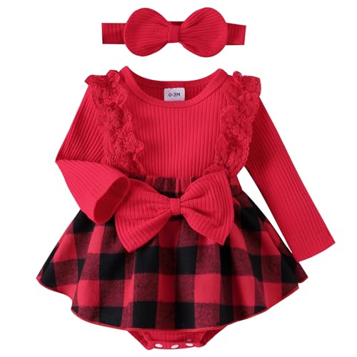 AGQT Kleinkind Baby Mädchen Weihnachtskleid Weihnachten Kariert Strampler Kleid Weihnachtsoutfits Herbst Winter Rüschen Strampler Stirnband Bekleidungssets 0-3 Monate von AGQT