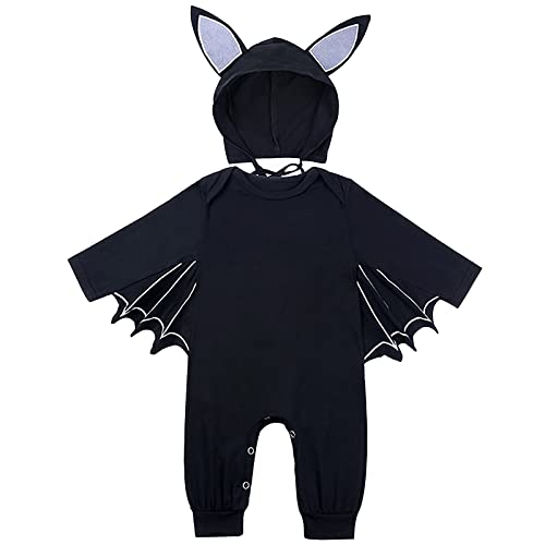 AGQT Kleinkind Halloween Fledermaus Kostüm Kinder Strampler Overall mit Ear Hut Kostüme Outfits Langarm 2 Stück Karneval Strampler Für Jungen Mädchen Größe12-18 Months(Z190) von AGQT